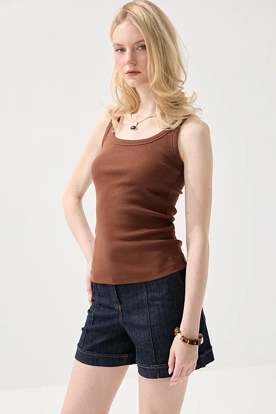 Thin Strap Basic Cotton Tank Top - Brown - Gusto