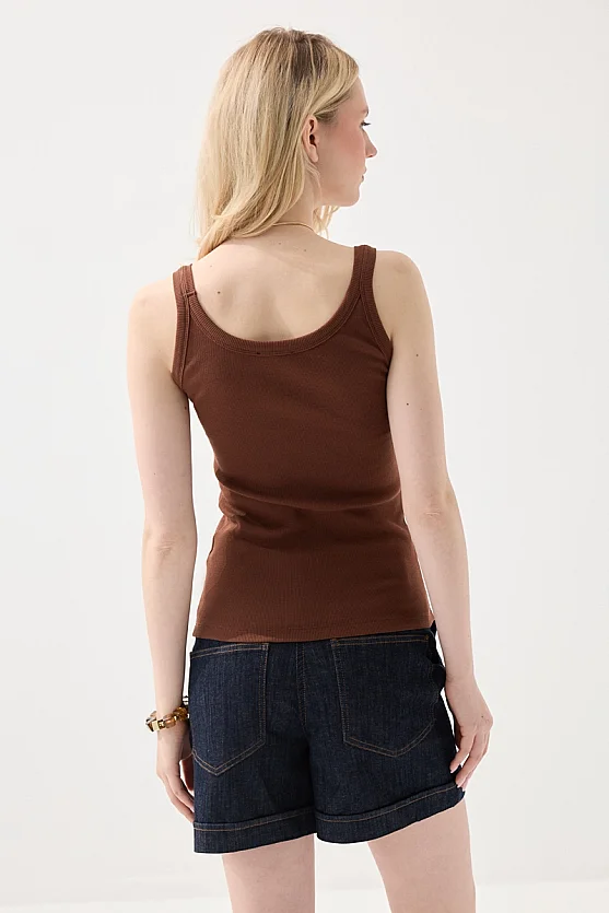 Thin Strap Basic Cotton Tank Top - Brown - 5