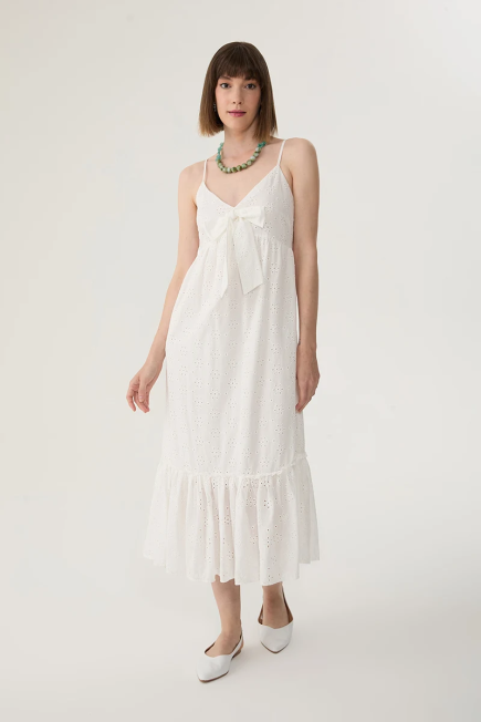 Thin Strap Front Bow Embroidered Dress - White White