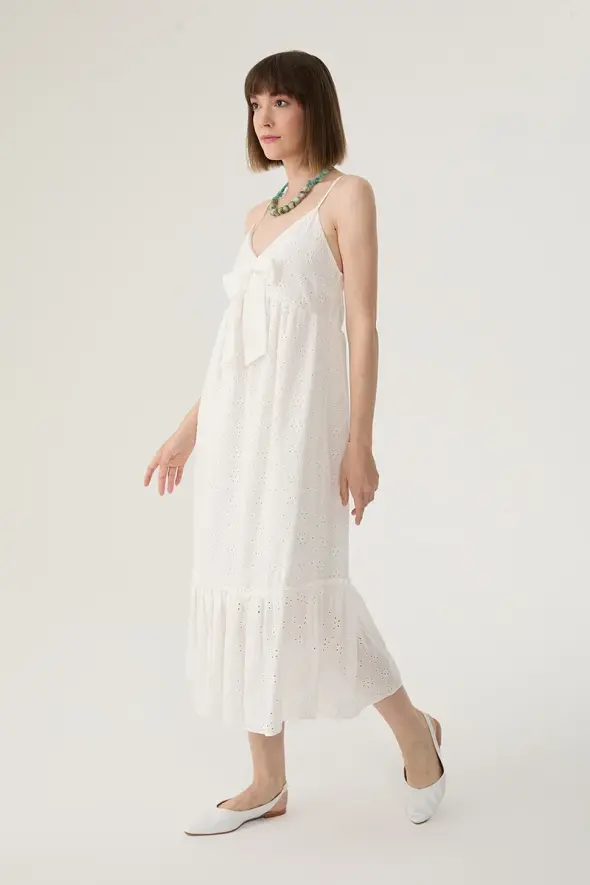 Thin Strap Front Bow Embroidered Dress - White - 4