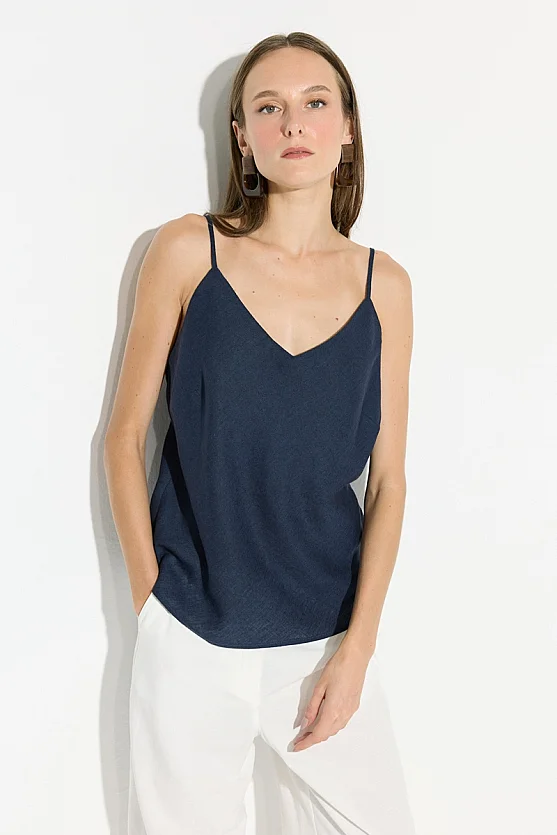 Thin Strap Linen Tank Top - Navy Blue - 3