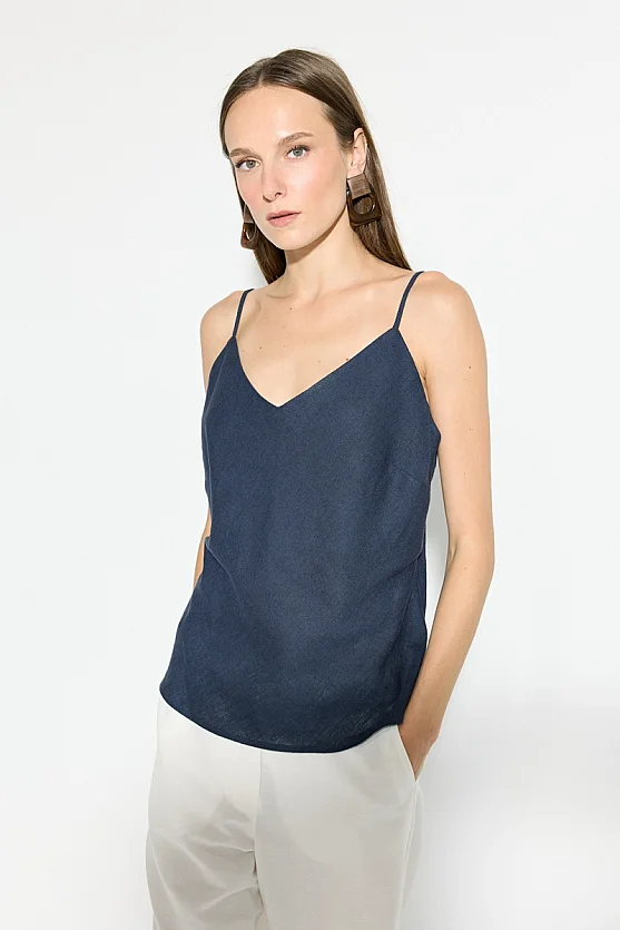 Thin Strap Linen Tank Top - Navy Blue - 5