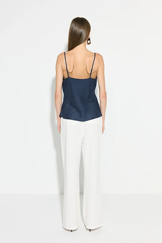 Thin Strap Linen Tank Top - Navy Blue - 7