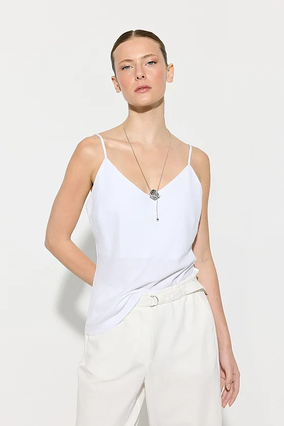 Thin Strap Linen Tank Top - White - 4