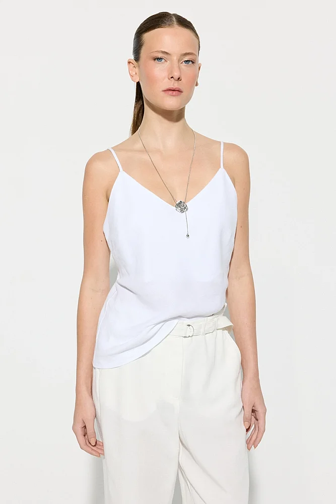 Thin Strap Linen Tank Top - White