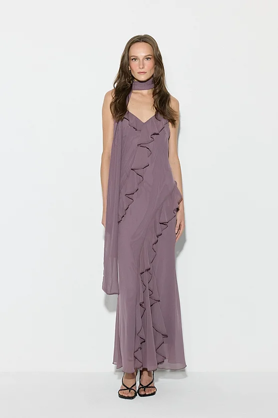 Thin Strap Long Evening Dress with Ruffle Detail and Scarf - Purple - Gusto