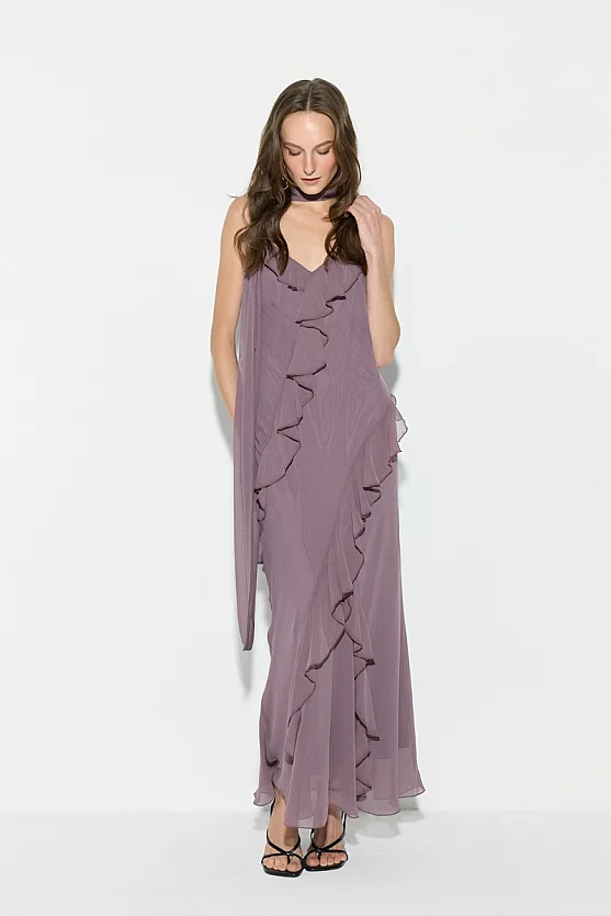 Thin Strap Long Evening Dress with Ruffle Detail and Scarf - Purple - Gusto