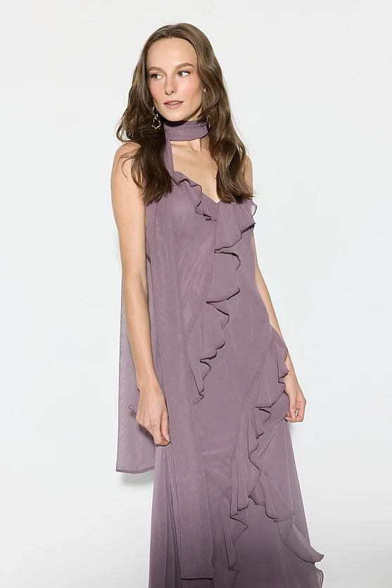 Thin Strap Long Evening Dress with Ruffle Detail and Scarf - Purple - Gusto
