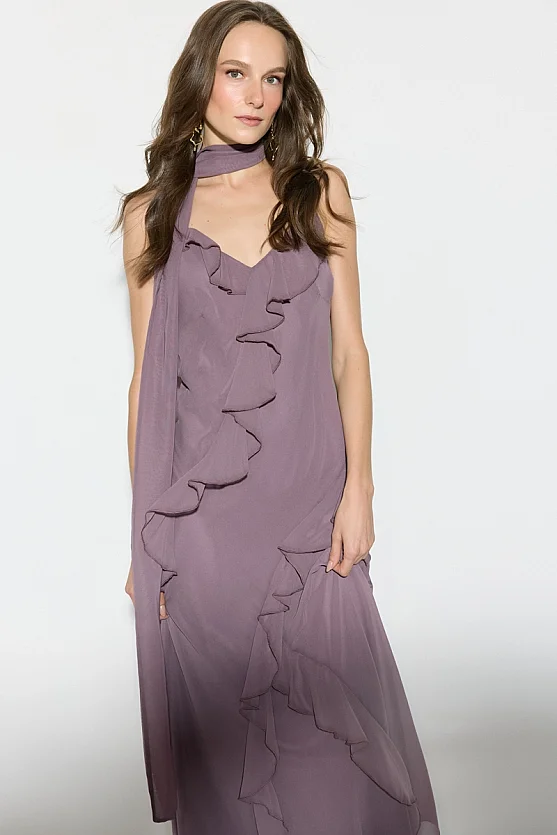 Thin Strap Long Evening Dress with Ruffle Detail and Scarf - Purple - Gusto