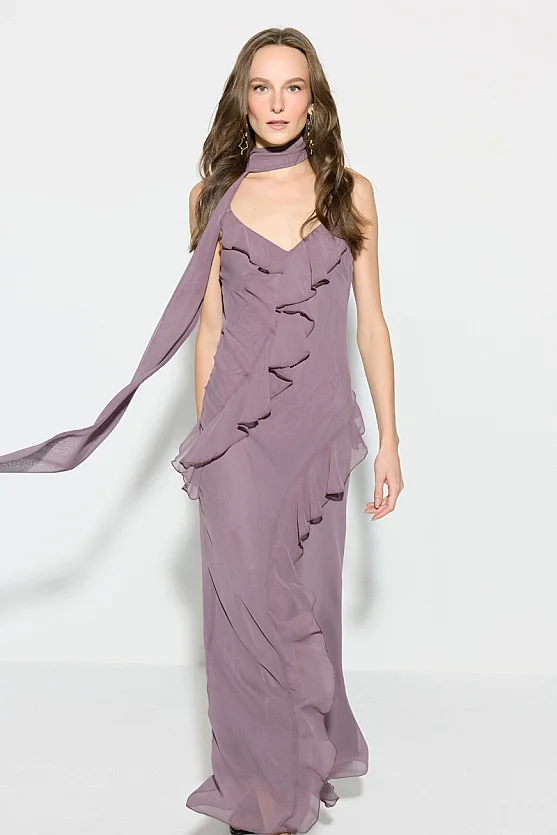 Thin Strap Long Evening Dress with Ruffle Detail and Scarf - Purple - Gusto