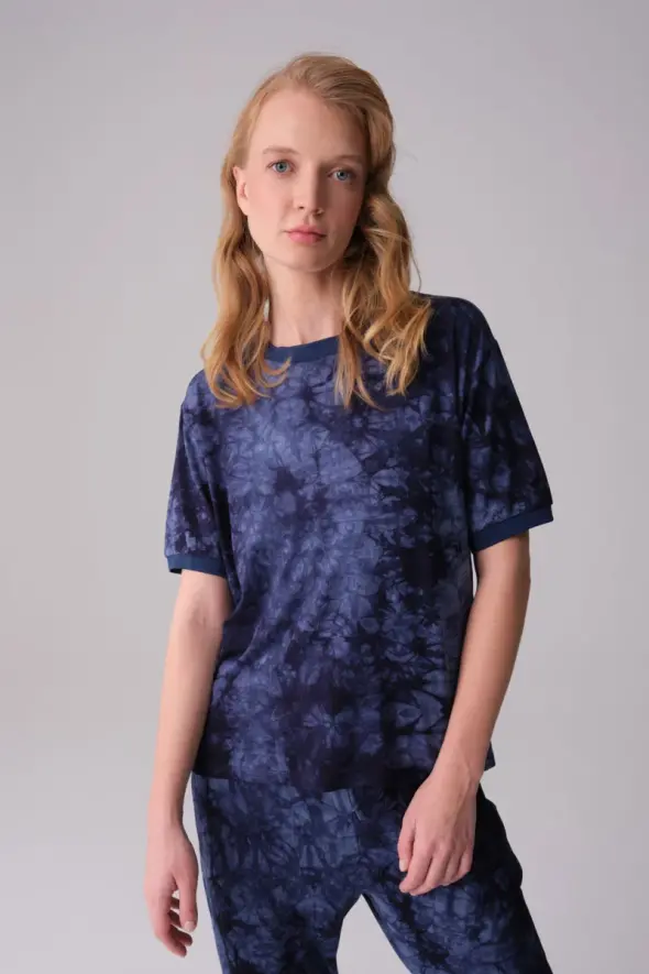 Tie-Dye Pattern T-shirt - Navy Blue - 1