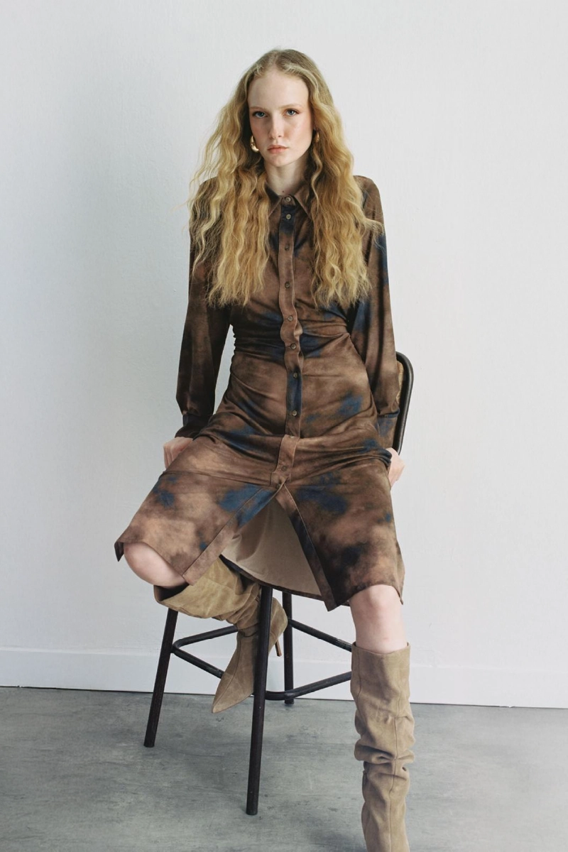 Tie-Dye Patterned Suede Long Dress - Khaki - 1