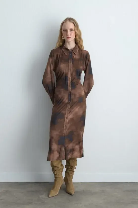 Tie-Dye Patterned Suede Long Dress - Khaki - Gusto