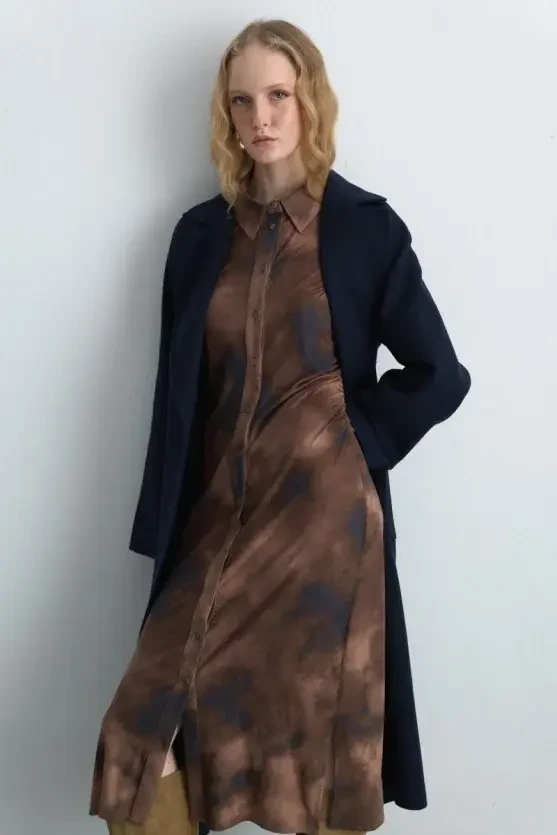 Tie-Dye Patterned Suede Long Dress - Khaki - 6