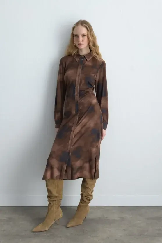 Tie-Dye Patterned Suede Long Dress - Khaki - Gusto