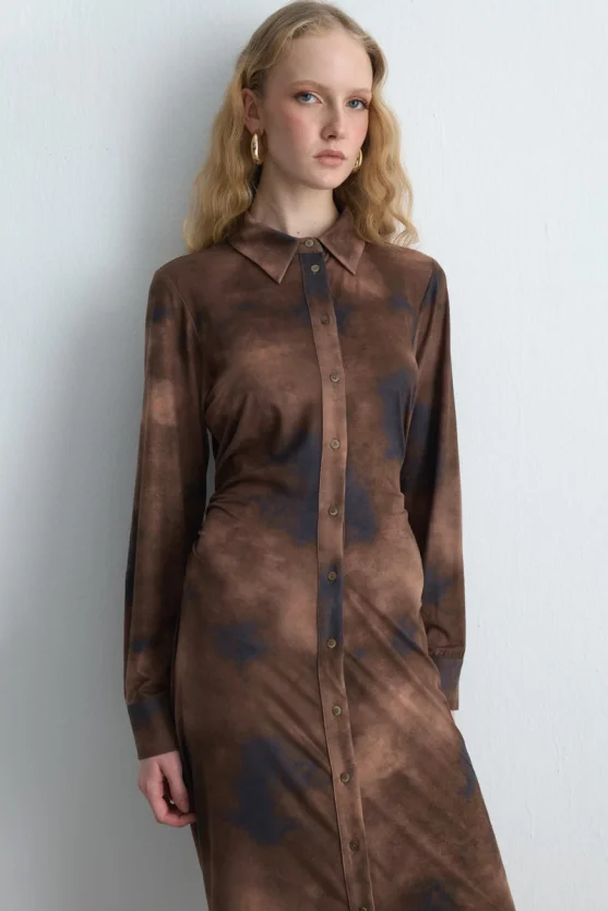 Tie Dye Patterned Suede Long Dress Khaki - Gusto