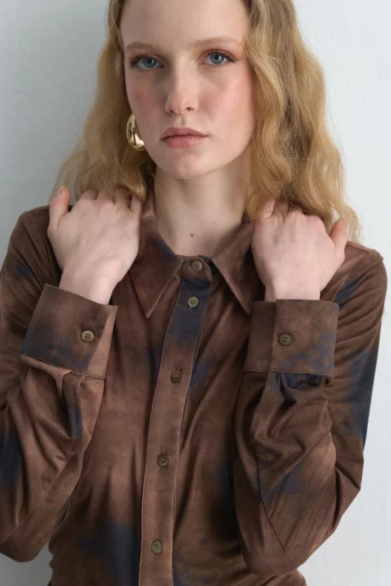 Tie Dye Patterned Suede Long Dress Khaki - 5