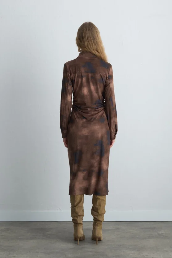 Tie Dye Patterned Suede Long Dress Khaki - Gusto