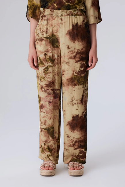 Tie Dye Patterned Viscose Pants with Elastic Waist - Green Green