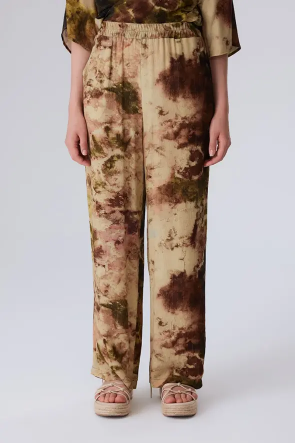 Tie Dye Patterned Viscose Pants with Elastic Waist - Green - 1