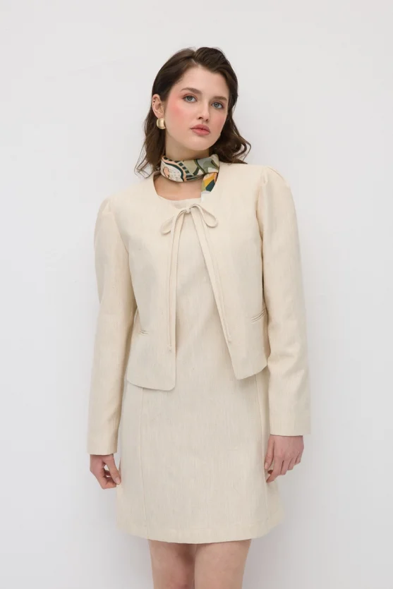 Tie-Front Cotton Bolero Jacket - Ecru - 5