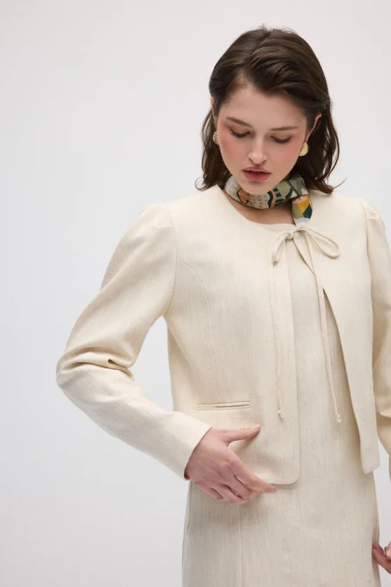 Tie-Front Cotton Bolero Jacket - Ecru - 3