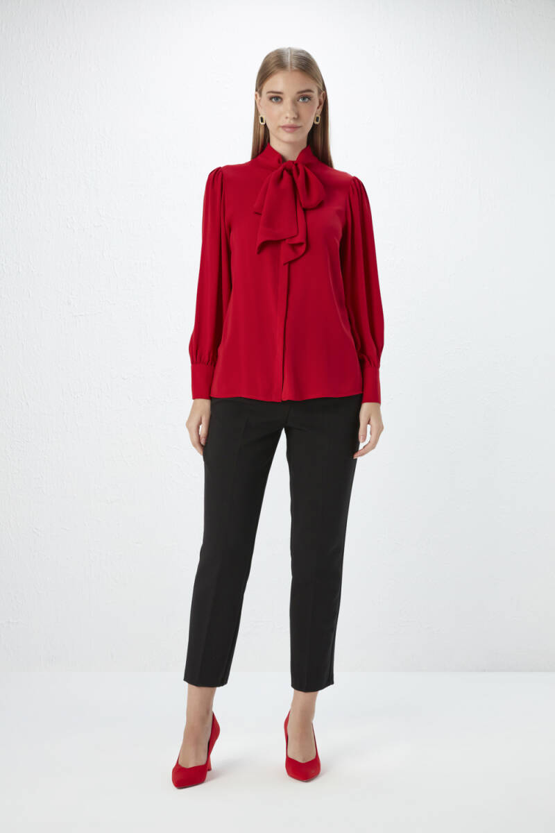 Red Funnel Neck Blouse, Red Blouse