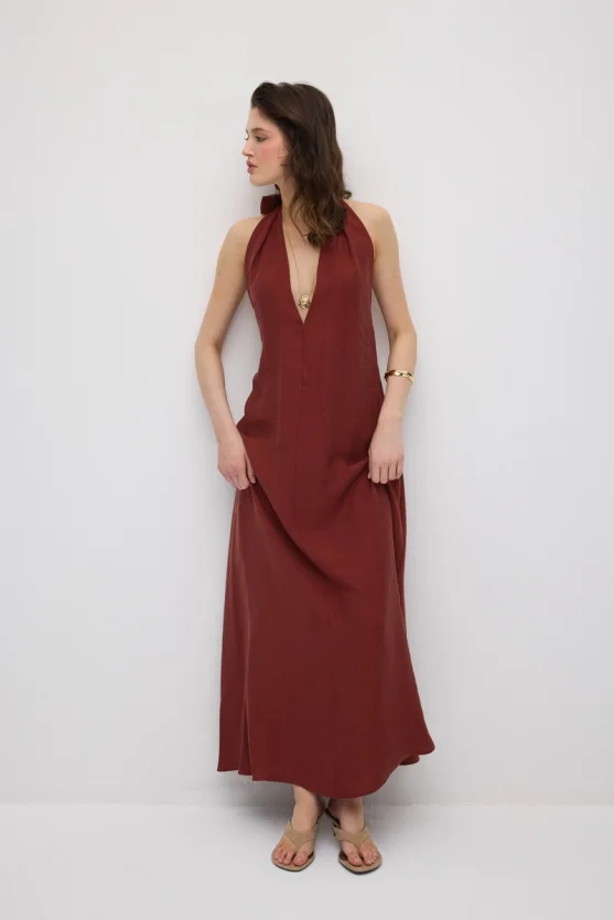 Tie-Neck Long Tencel Dress - Terracotta - Gusto