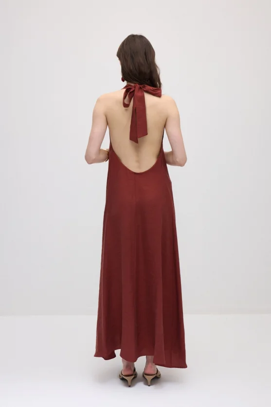 Tie-Neck Long Tencel Dress - Terracotta - Gusto