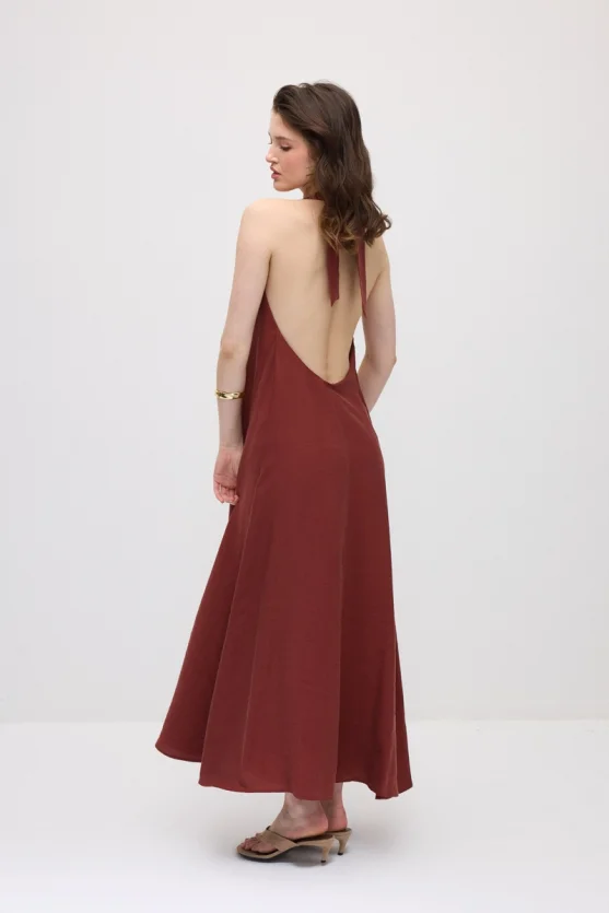 Tie-Neck Long Tencel Dress - Terracotta - Gusto