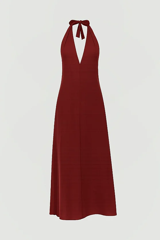 Tie-Neck Long Tencel Dress - Terracotta - Gusto