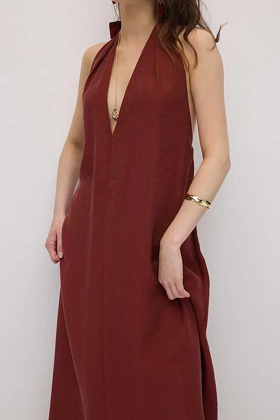 Tie-Neck Long Tencel Dress - Terracotta - 5