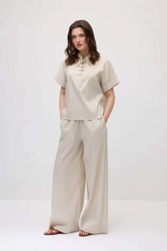 Tie-Neck Lyocell Blouse - Beige - 2