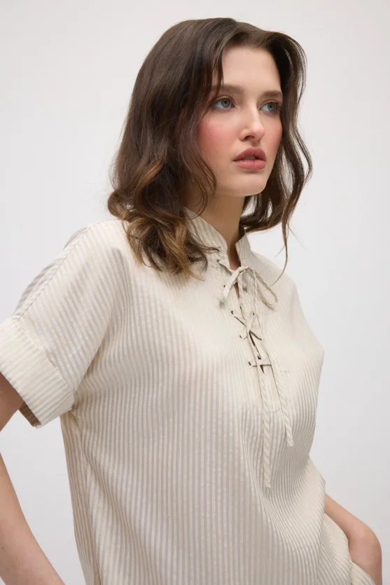 Tie-Neck Lyocell Blouse - Beige - Gusto