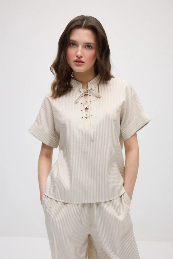 Tie-Neck Lyocell Blouse - Beige - Gusto