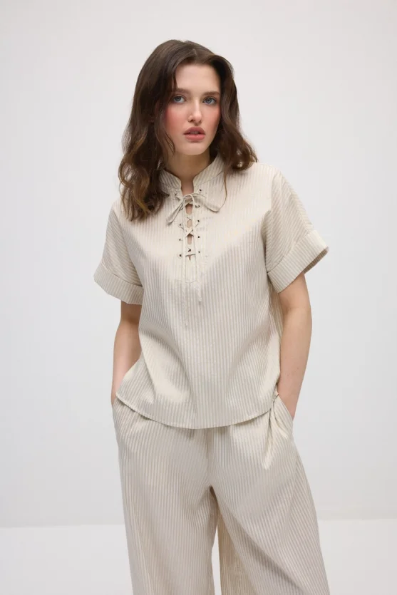 Tie-Neck Lyocell Blouse - Beige - Gusto