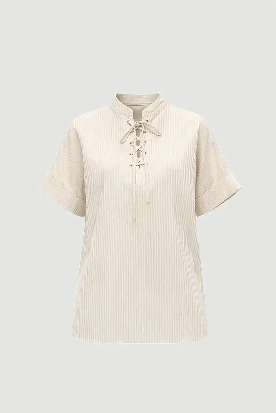 Tie-Neck Lyocell Blouse - Beige - 7