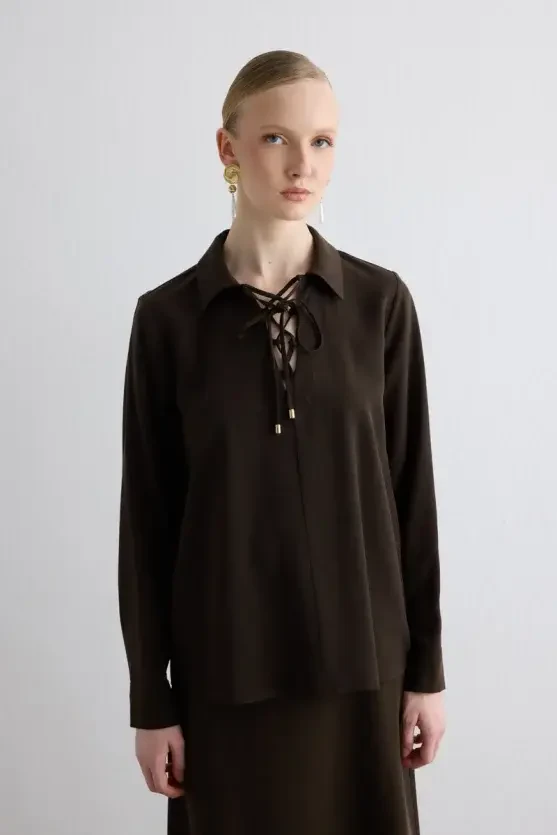 Tie-Neck Lyocell Blouse - Brown - Gusto