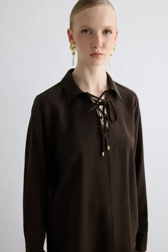 Tie-Neck Lyocell Blouse - Brown - Gusto