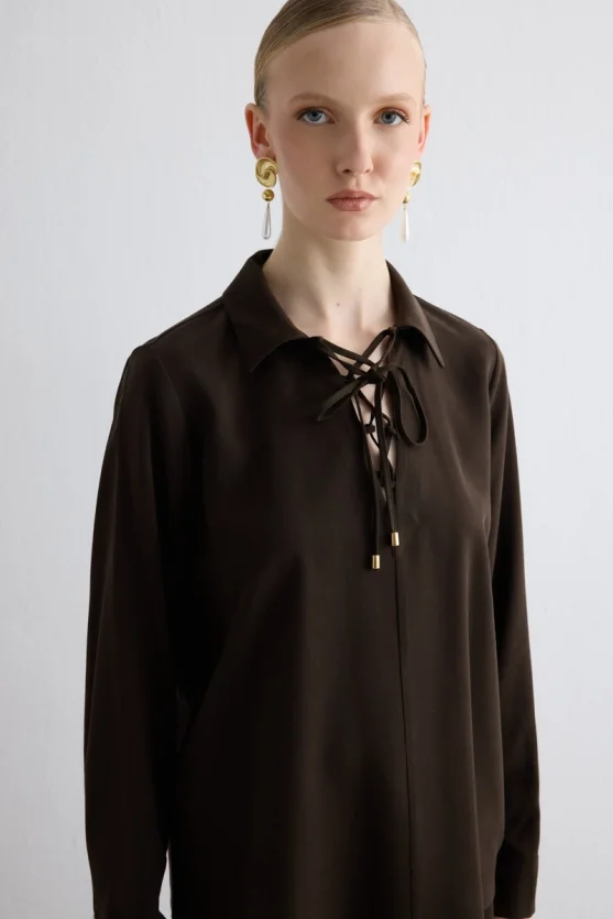 Tie Neck Lyocell Blouse Brown - Gusto