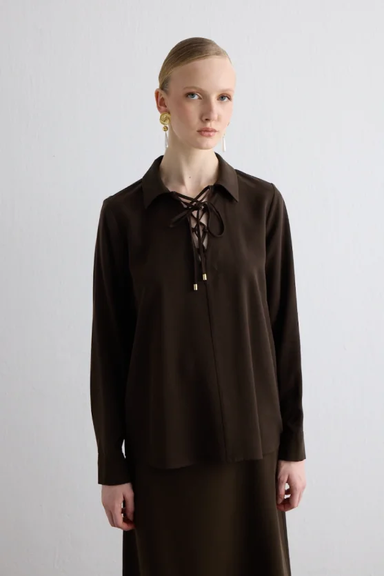 Tie Neck Lyocell Blouse Brown - Gusto