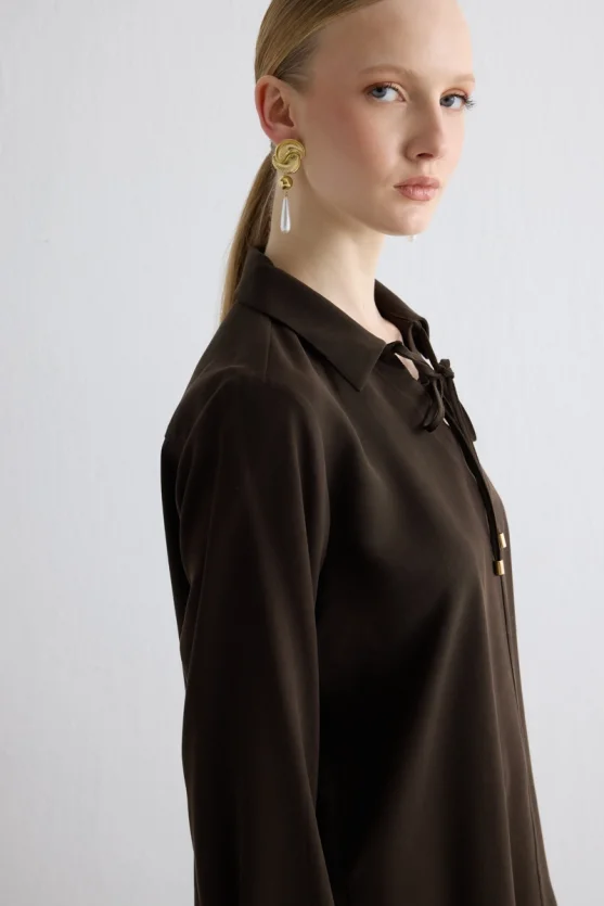 Tie Neck Lyocell Blouse Brown - 4