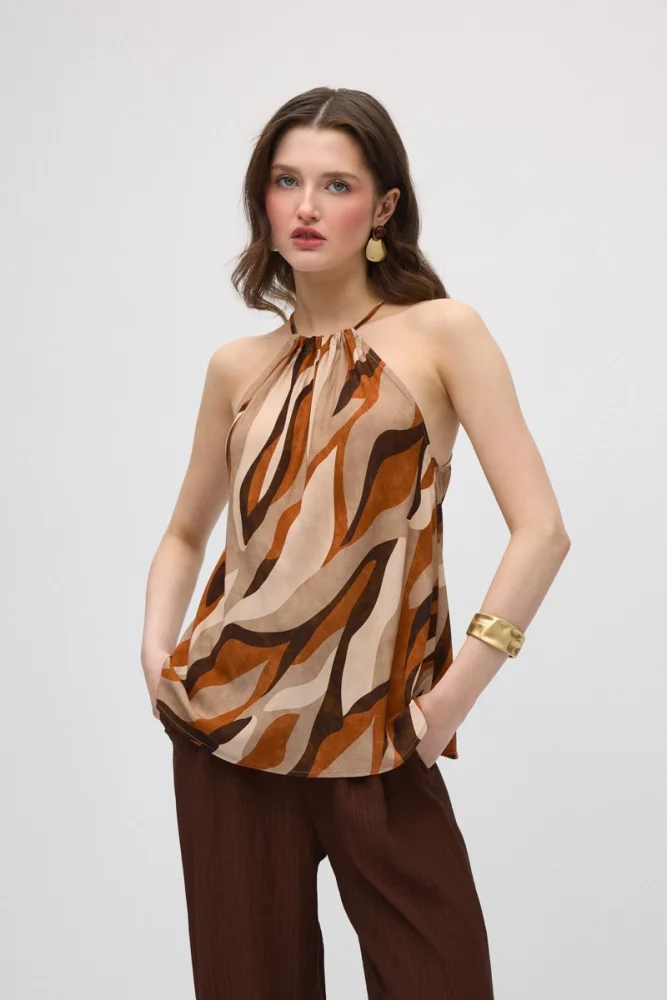 Tie-Neck Patterned Viscose Blouse - Orange Orange