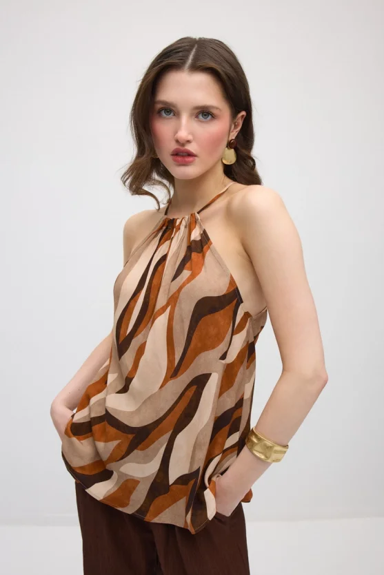 Tie-Neck Patterned Viscose Blouse - Orange - 4