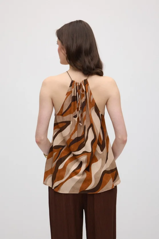 Tie-Neck Patterned Viscose Blouse - Orange - 5