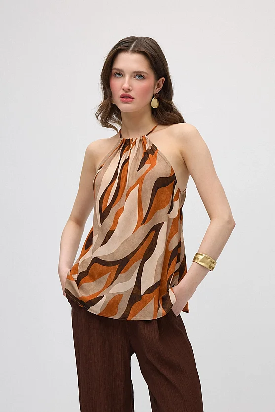 Tie-Neck Patterned Viscose Blouse - Orange - 1