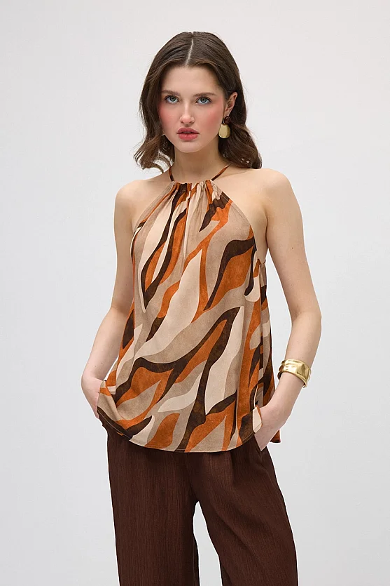 Tie-Neck Patterned Viscose Blouse - Orange - 3
