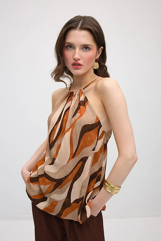 Tie-Neck Patterned Viscose Blouse - Orange - 4