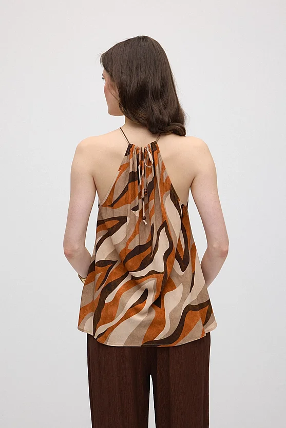 Tie-Neck Patterned Viscose Blouse - Orange - 5