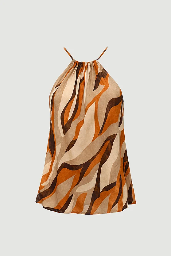 Tie-Neck Patterned Viscose Blouse - Orange - 6